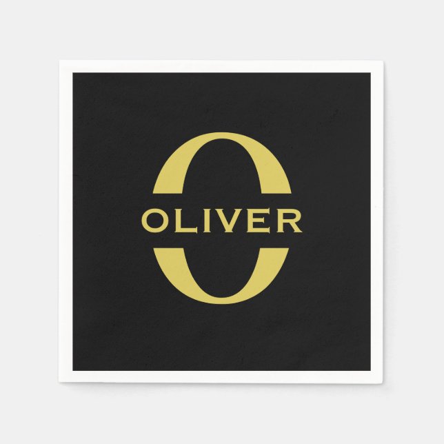 Guardanapo De Papel Monograma E Nome Preto E Dourado Personalizado (Frente)
