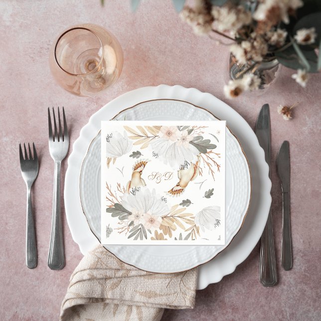 Guardanapo De Papel Monograma Elegante Boho Flores e Aves Aquáticas (Criador carregado)