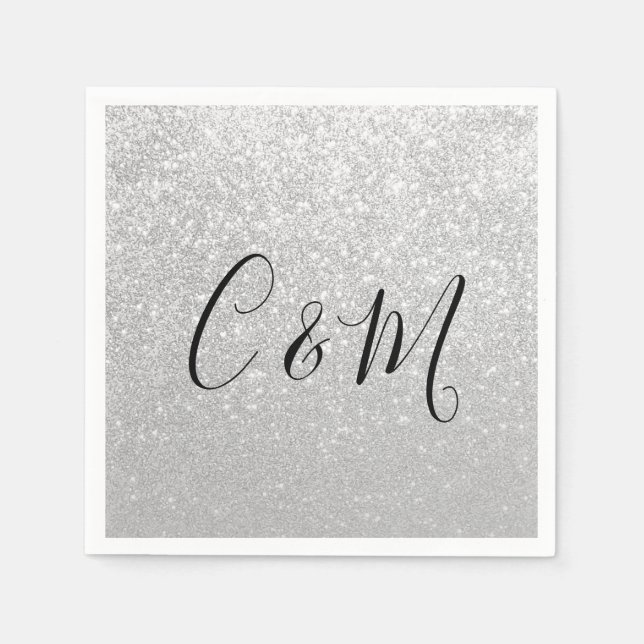 Guardanapo De Papel Monograma Elegante Silver Glitter Wedkins (Frente)