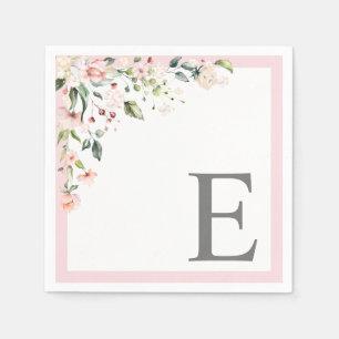 Guardanapo De Papel Monograma Floral de Cor de Água Rosa Elegante