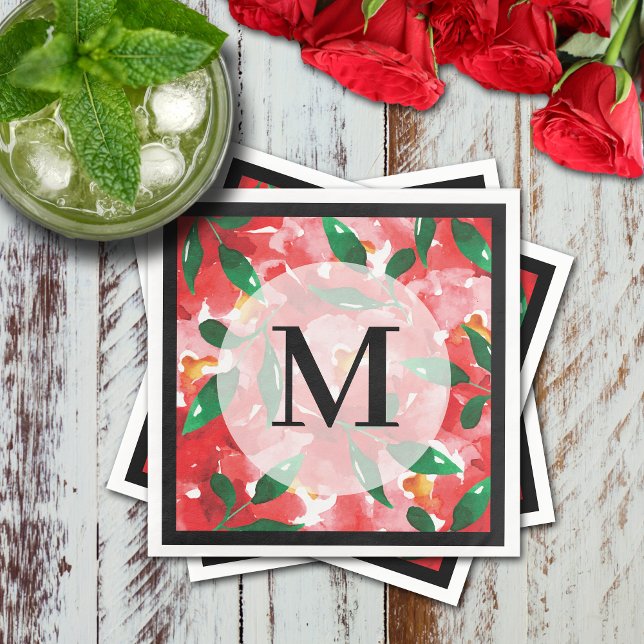 Guardanapo De Papel Monograma Floral de Cor Vermelha (Red roses floral cocktail napkins with black border and monogram)