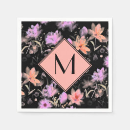 Guardanapo De Papel Monograma Floral Preto e Coral Rosa Elegante