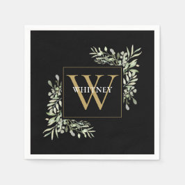 Guardanapo De Papel Monograma Floral Verde Elegante em Preto e Dourado