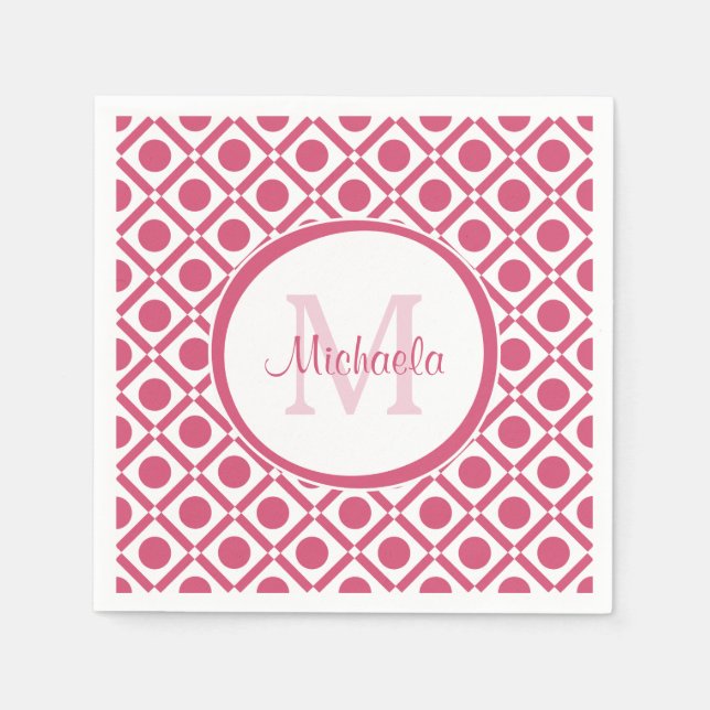 Guardanapo De Papel Monograma Geométrico Moderno Rosa e Branco Com Nom (Frente)