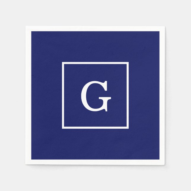 Guardanapo De Papel Monograma inicial com quadro branco azul marinho (Frente)