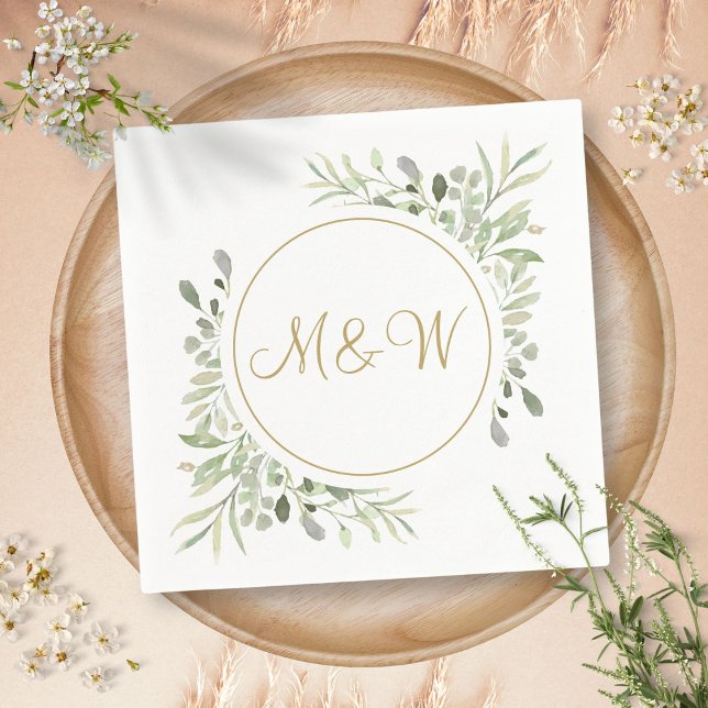 Guardanapo De Papel Monograma Inicial em Script Dourado Elegante com V (Elegant Gold Script Monogram Initials Greenery Napkins)