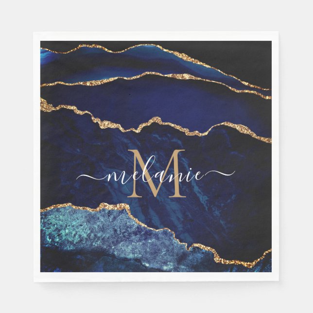 Guardanapo De Papel Monograma - Letra Nome Agate Marinho Azul Dourado  (Frente)