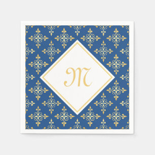Guardanapo De Papel Monograma luxuoso azul e Quatre Dourado floral