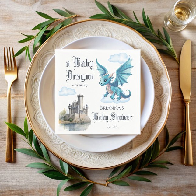 Guardanapo De Papel Monograma medieval de chá de fraldas de dragões de (Medieval cute blue baby dragon baby shower monogrammed napkins personalized printed napkins)