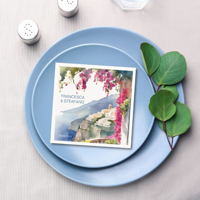 Guardanapo De Papel Monograma mediterrânico de Amalfi impresso (Amalfi coast Mediterranean themed bridal shower wedding monogram printed Napkins)