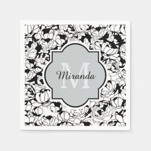 Guardanapo De Papel Monograma Moderno Floral Preto e Branco com Nome F