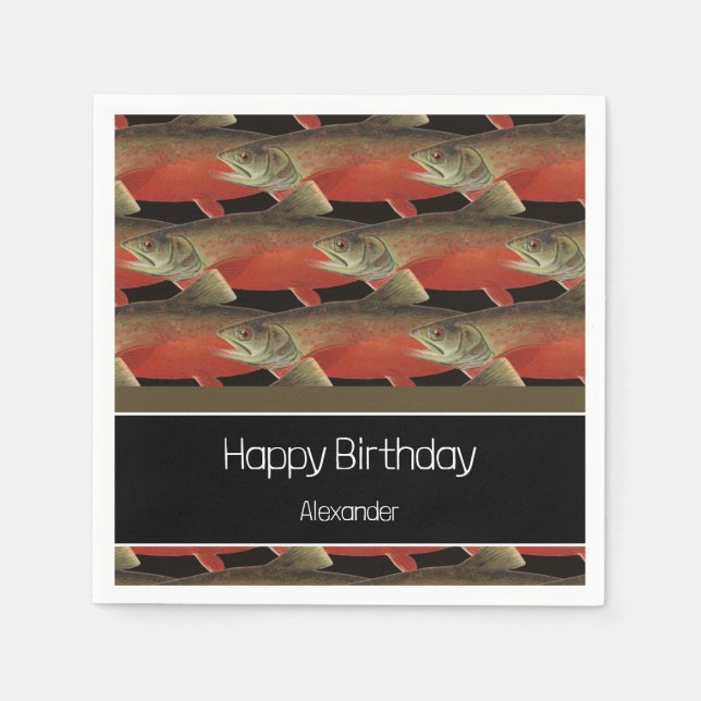 Guardanapo De Papel Monograma Moderno Peixe Salmão Design Negro Vermel (Frente)