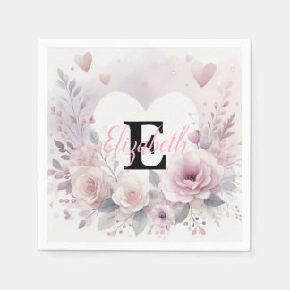 Guardanapo De Papel Monograma nome floral corações romântico aquarela