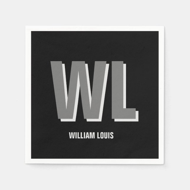 Guardanapo De Papel Monograma personalizado de Cinza e preto minimalis (Frente)