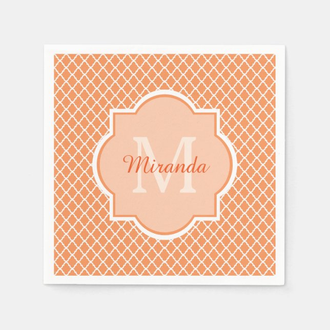 Guardanapo De Papel Monograma Quatrofolhado Laranja Elegante Com Nome (Frente)