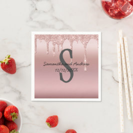 Guardanapo De Papel Monograma Rosa Dourado Brilho Gotejante Blush Rosa