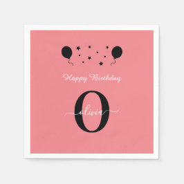 Guardanapo De Papel Monograma Script Feliz Aniversário Preto Cor-de-Ro
