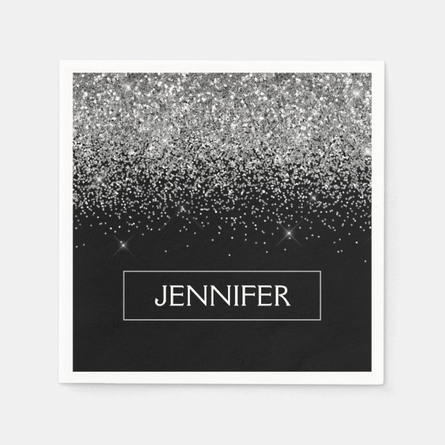 Guardanapo De Papel Monograma Silver Glitter Sparkle (Frente)