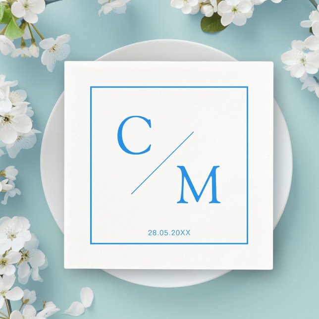 Guardanapo De Papel Monograma Simples Elegante Branco Azul (Personalized Simple Elegant Monogram Napkin)