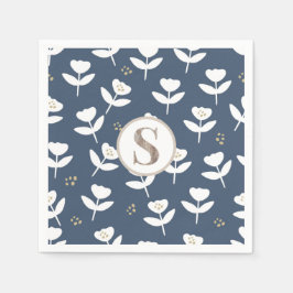 Guardanapo De Papel Monograma Simples Floral Azul e Branco Fofo
