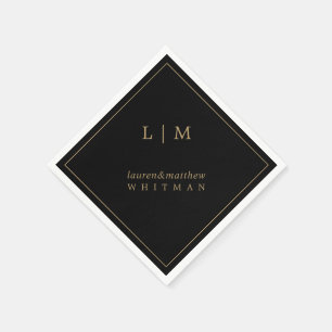 Guardanapo De Papel Monograma Simples Preto e Dourado Elegante Casamen