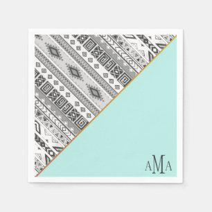 Guardanapo De Papel Monograma tribal asteca branco preto de turquesa