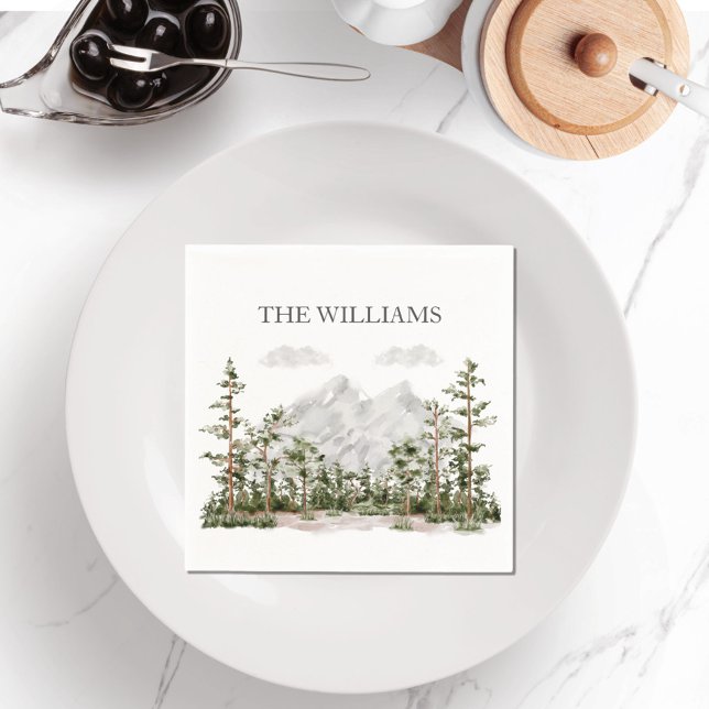 Guardanapo De Papel Monogramas Aquarela Montanha e Floresta (In situ dining room)