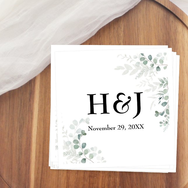 Guardanapo De Papel Monogramas e Data de Elegante Folhagem (Criador carregado)
