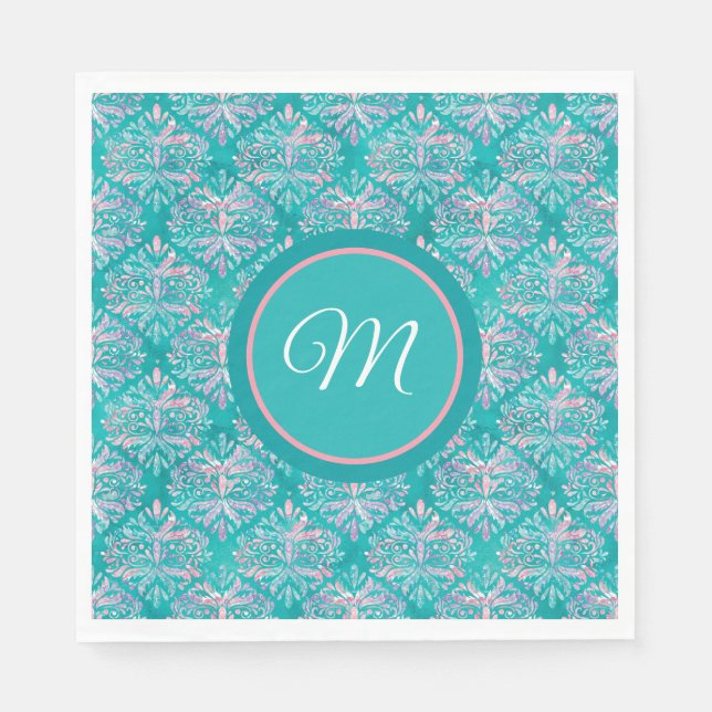 Guardanapo De Papel Monogramed Teal Pattern Napkins (Frente)