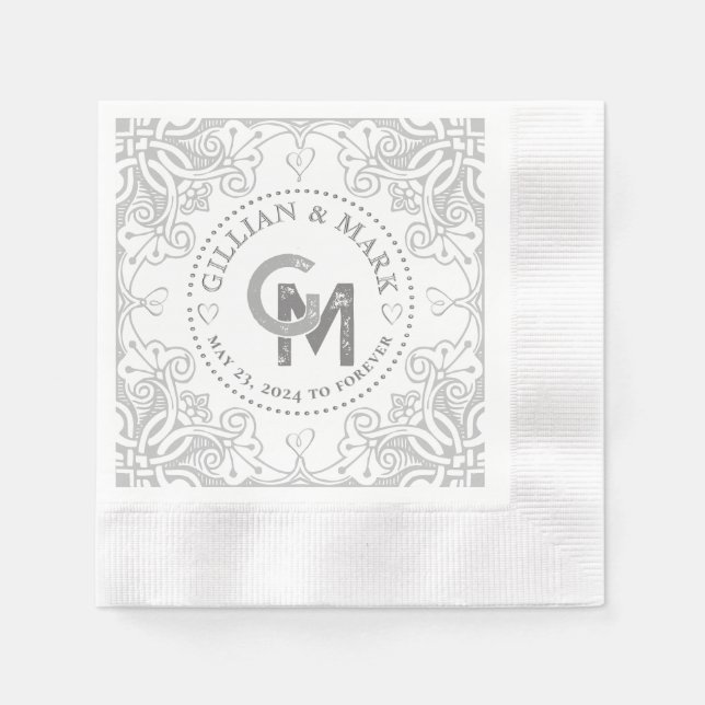 Guardanapo De Papel Monogrammed Silver Wedding Napkins Heart Border (Frente)