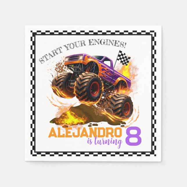 Guardanapo De Papel Monster Truck Birthday Fire Flames  (Frente)