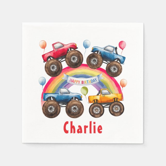 Guardanapo De Papel Monster Truck Rainbow Boy Birthday Bash (Frente)