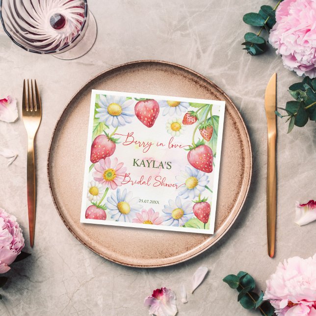 Guardanapo De Papel Morango apaixonado chá de panela de noiva impresso (Berry in love summer garden daisies strawberry bridal shower printed napkins personalized tableware)