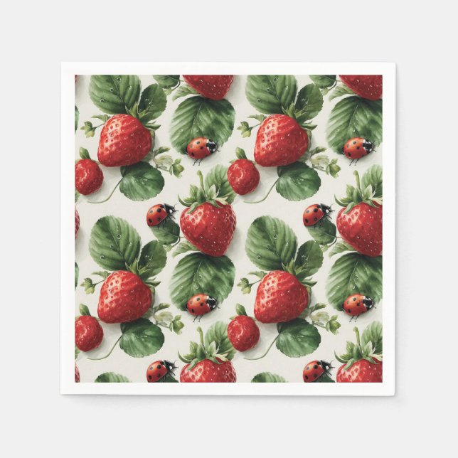 Guardanapo De Papel Morango de Aquarela e Ladybug Padrão Sem Costura (Frente)