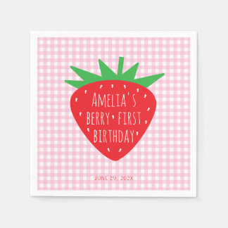 Guardanapo De Papel Morango na Xadrez Rosa Berry Primeiro Aniversário