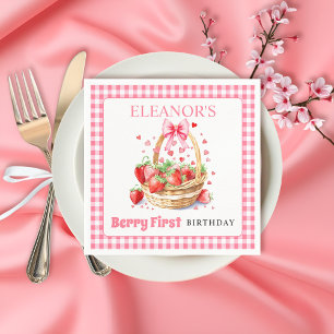 Guardanapo De Papel Morangos e laço rosa Aniversário de um ano Berry
