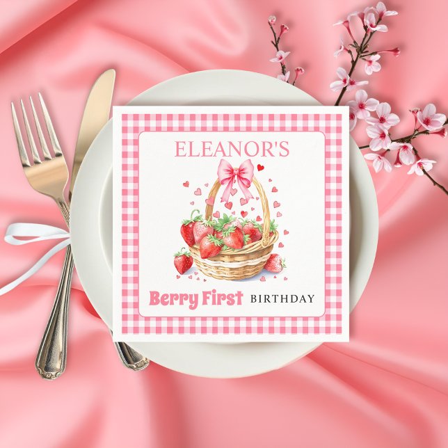Guardanapo De Papel Morangos e laço rosa Aniversário de um ano Berry (Criador carregado)