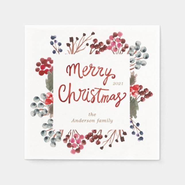 Guardanapo De Papel Morangos vermelhos de inverno Feliz Natal (Frente)