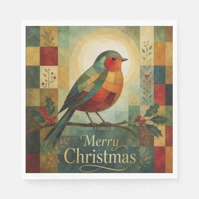 Guardanapo De Papel Mosaico de Natal Robin Pássaro Azevinho Fruta (Frente)