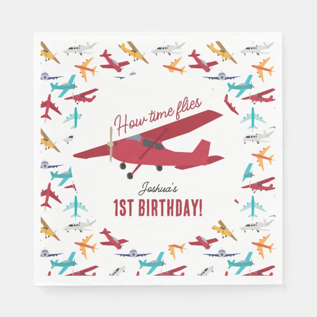 Guardanapo De Papel Moscas de primeiro aniversario de avião (Frente)