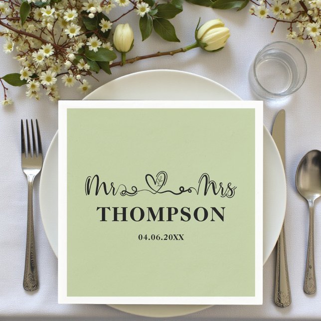 Guardanapo De Papel Mr and Mrs Elegant Simple | Sage Green (Criador carregado)