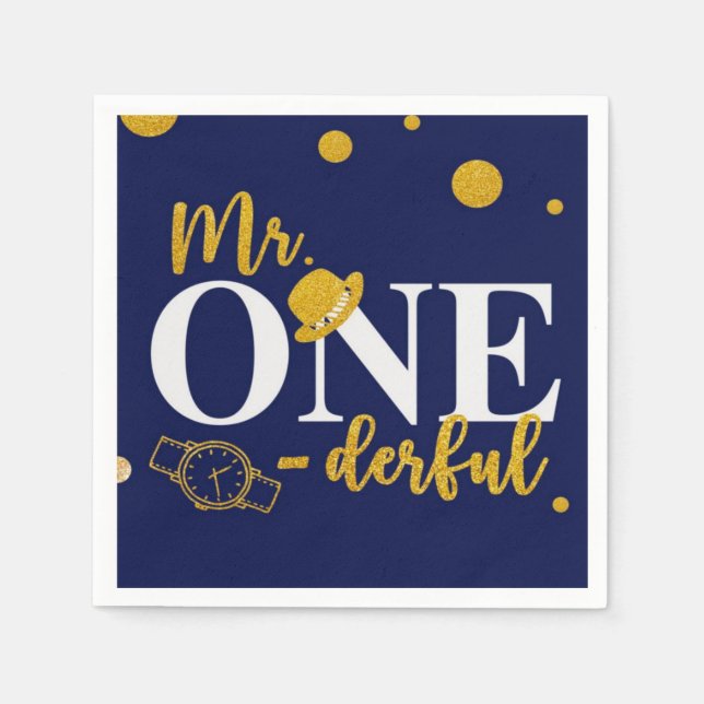Guardanapo De Papel Mr. One-derful Navy Blue and Gold Birthday Party (Frente)