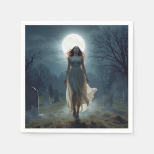 Guardanapo De Papel Mulher Bonita Caminhando em um Cemitério Iluminado