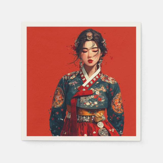 Guardanapo De Papel Mulher Coreana Moderna em Retrato de Hanbok (Frente)