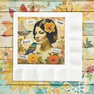 Guardanapo De Papel Mulher Vintage Bonita com Pássaros e Flores