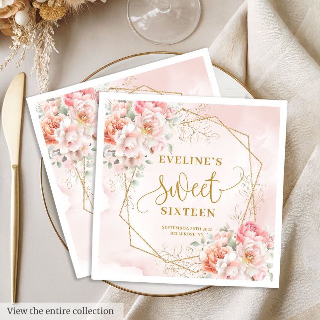 Guardanapo De Papel Na moda Blush Pink Sage Dourado Floral Sweet 16 (Elegant blush gold floral sweet sixteen party napkins

)