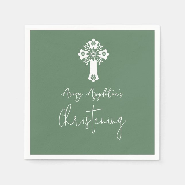 Guardanapo De Papel Napkins Floral Cross Christening Fern Green (Frente)