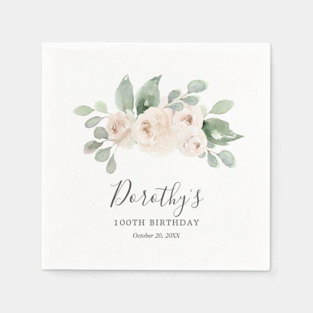 Guardanapo De Papel Napkins Personalizado 100º aniversário Rosa Branca (Frente)