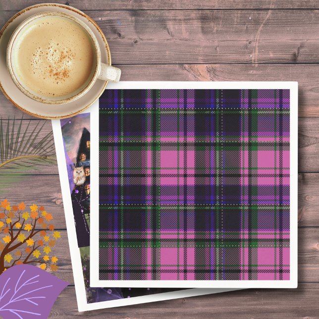 Guardanapo De Papel Nápoles para o Dia das Bruxas de Xadrez Rosa e Rox (Purple & Pink Plaid Halloween Napkin)