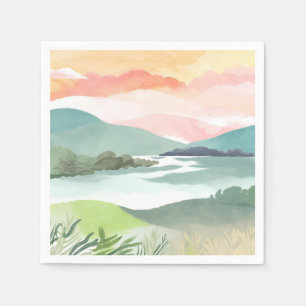 Guardanapo De Papel Nascer do Sol na Manhã do Lago Aquarela Natureza